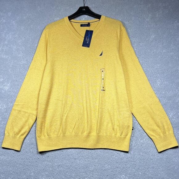 Nautica Sweater Mens Medium Yellow Lightweight Navtech Jersey V-Neck Sweater NWT - Picture 1 of 11